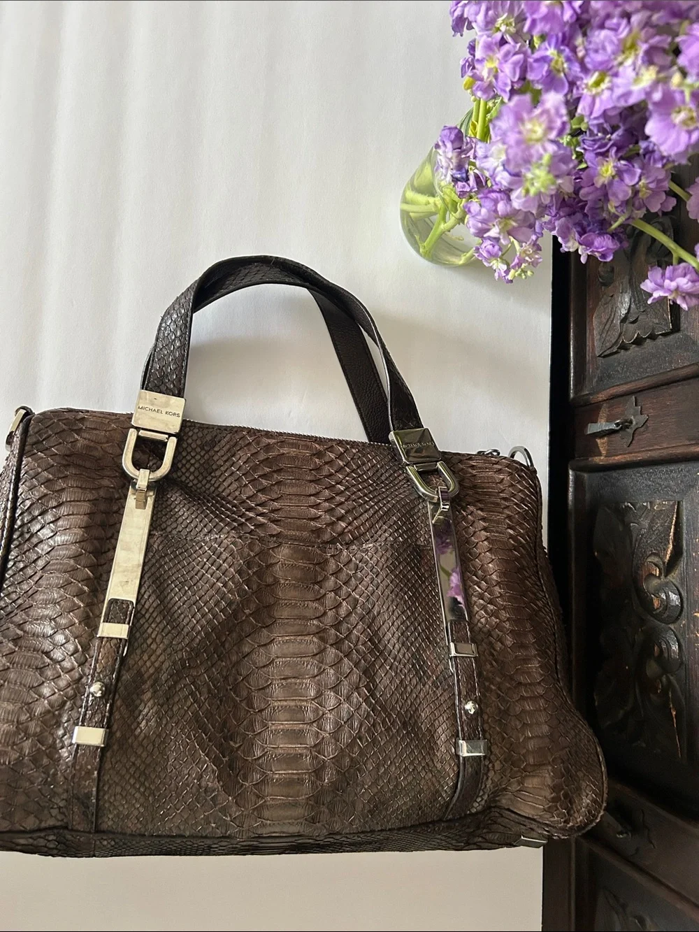 Michael Kors Brown Textured Leather Satchel with Silver-Tone Hardware